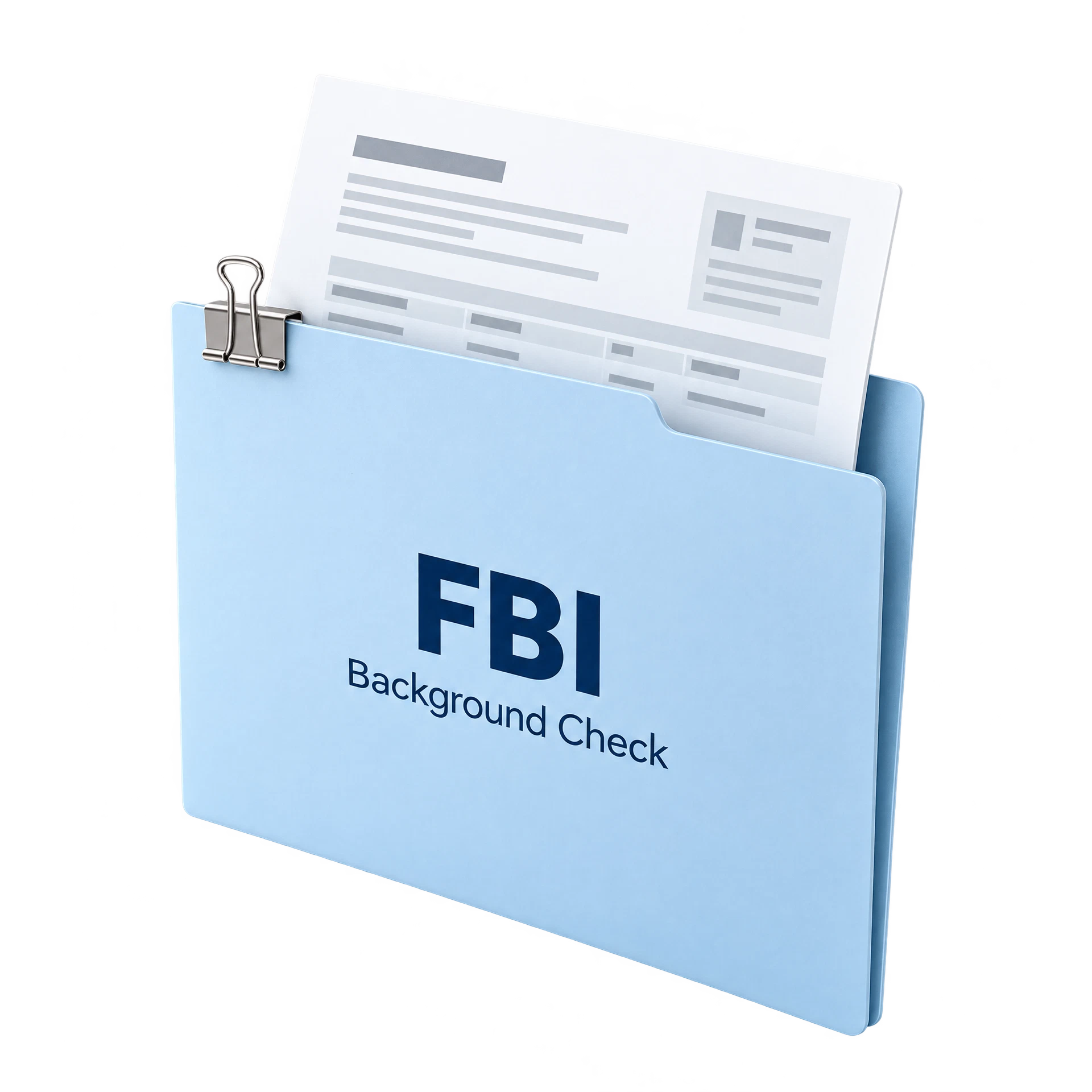 Thin light-blue FBI Background Check folder with an illustrative report page